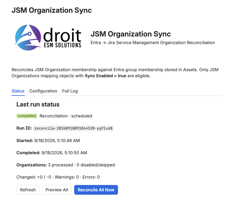 JSM Organization Sync Forge app status screen